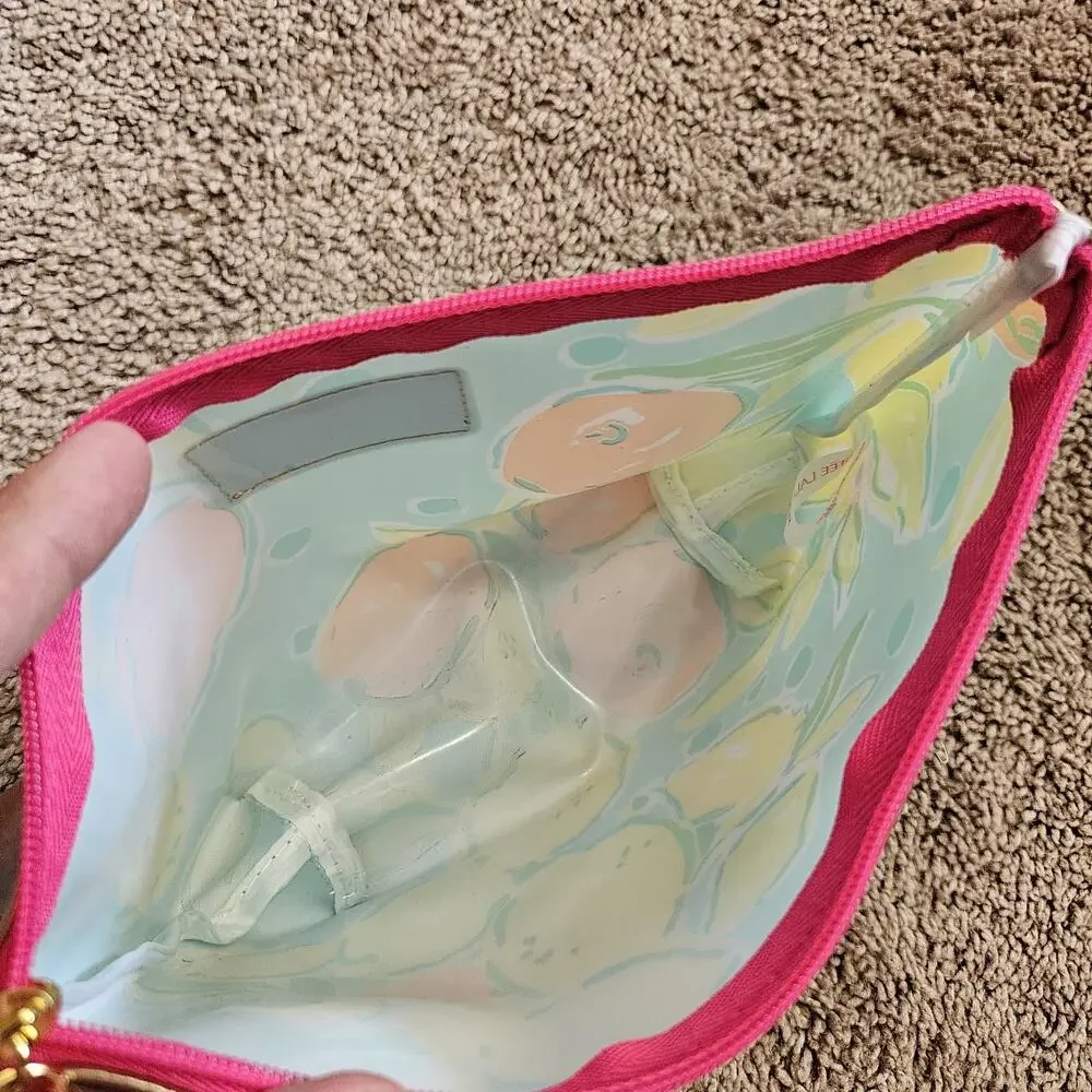 Lilly Pulitzer Orange Print Estee Lauder PVC Cosmetic Makeup Bag Green Pink